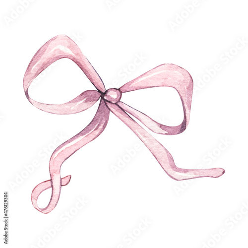 Watercolor Provence cute pink bow. Isolated on white background. Hand drawn illustration. For valentine or birthday cards, linen, textile, save the date, greetings design, wedding design. Logo.