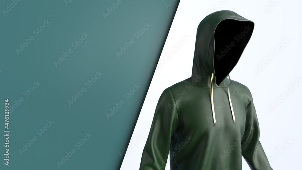 Anonymous hacker with dark green color hoodie in shadow under green-white background. Dangerous criminal concept image. 3D CG. 3D illustration. 3D high quality rendering. Anonymous hacker with dark green color hoodie in shadow under green-white background. Dangerous criminal concept image. 3D CG. 3D illustration. 3D high quality rendering.