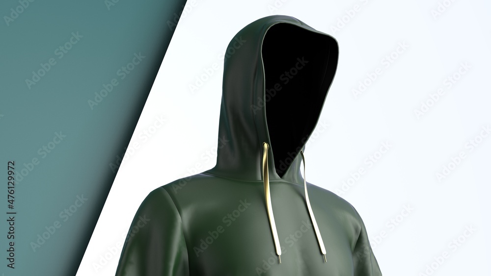 Anonymous hacker with dark green color hoodie in shadow under green-white background. Dangerous criminal concept image. 3D CG. 3D illustration. 3D high quality rendering.