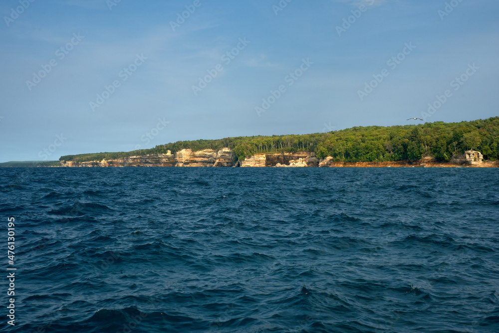 Distant view of  Pictured Rocks National Lakeshore from Lake Superior