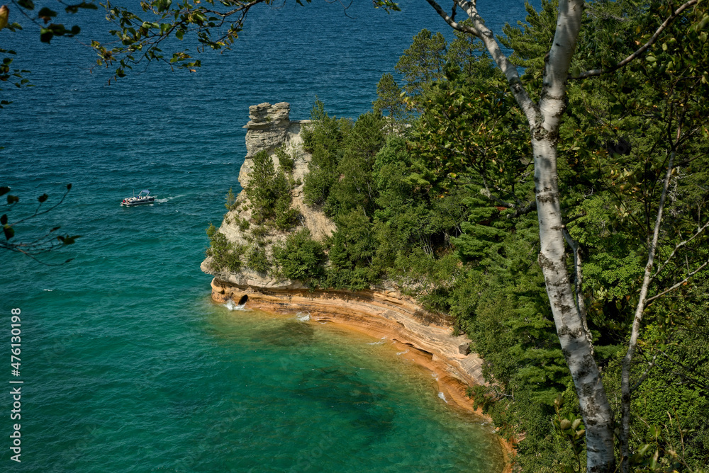 Miners Castle with boat at Pictured Rocks National Lakeshore in Michigan on Lake Superior