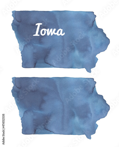 Watercolour illustration of Iowa State Map set: blank one and with lettering. Cut out clipart elements for design, print, poster, banner, postcard. Hand painted water color graphic drawing on white. photo