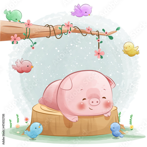 Cute pig playing with birds watercolor illustration