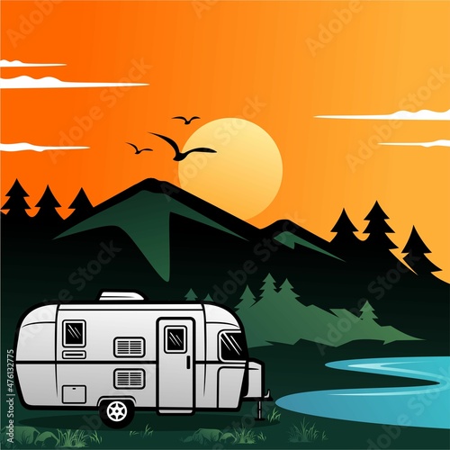 Caravan camper motorhome rv journey to mountains and lake, pine forest background, sky with moonlight