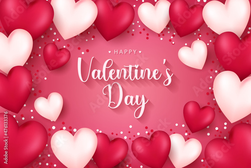 Happy Valentine's Day vector design background with realistic 3d heart for Greeting Card,  flyer, Poster, Banner etc. Vector Illustration Graphic.