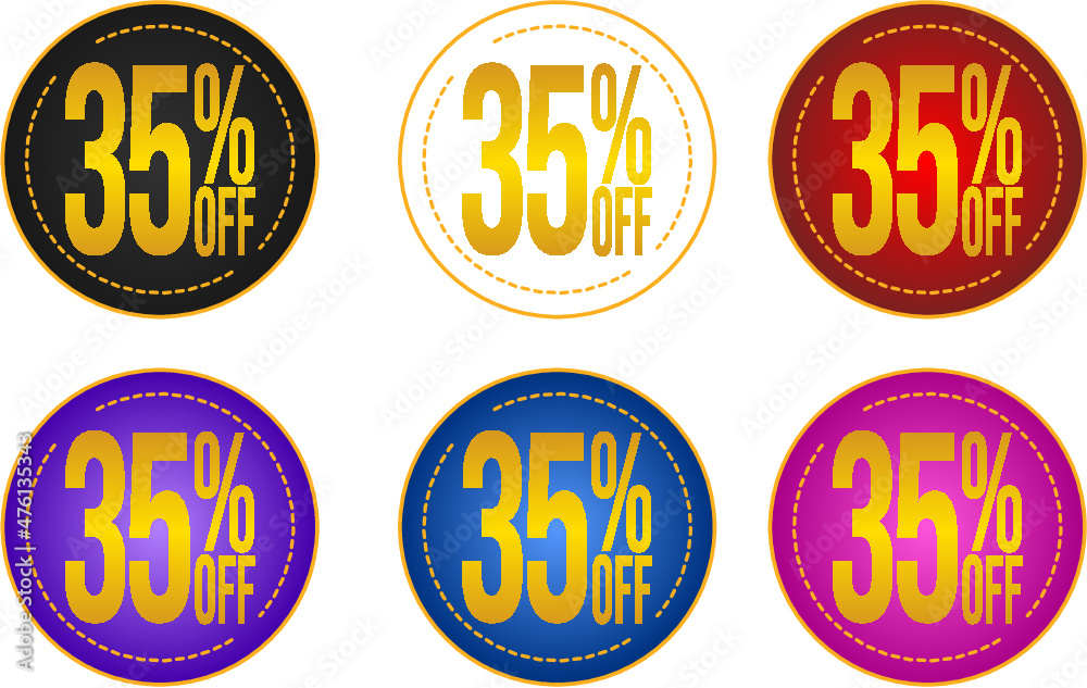Set sale 35%off banners, discount tags, promotion stickers, vector illustration.