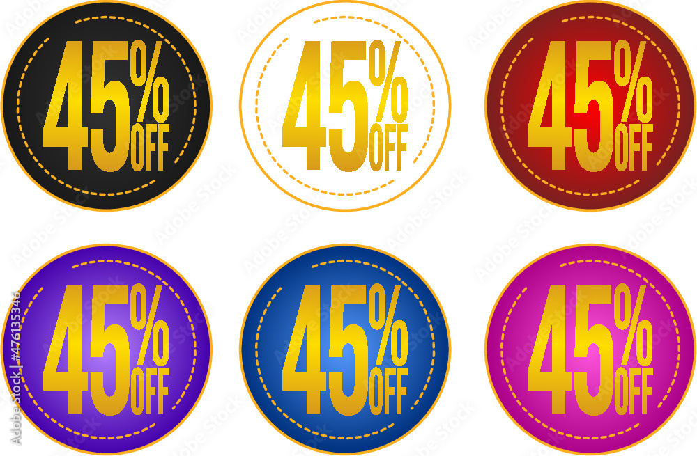 Set sale 45%off banners, discount tags, promotion stickers, vector illustration.