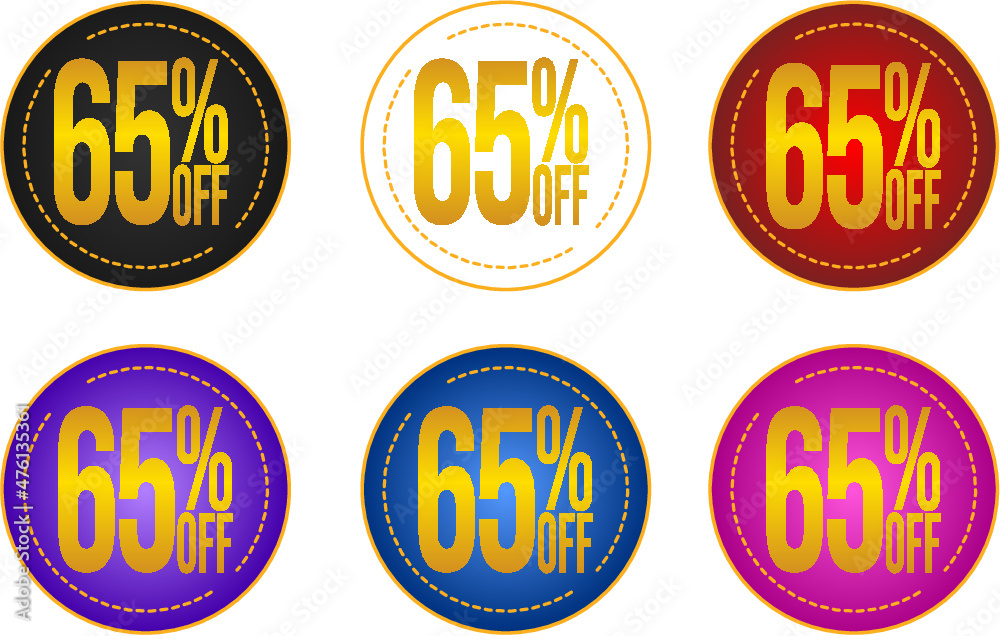 Set sale 65%off banners, discount tags, promotion stickers, vector illustration.