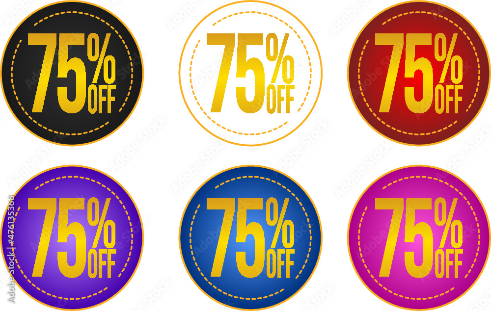 Set sale 75%off banners, discount tags, promotion stickers, vector illustration.