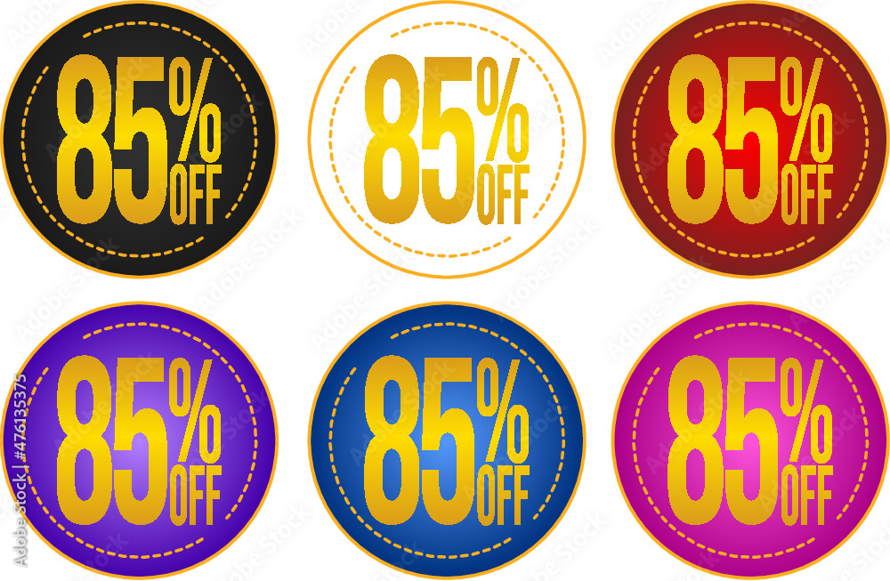 Set sale 85%off banners, discount tags, promotion stickers, vector illustration.