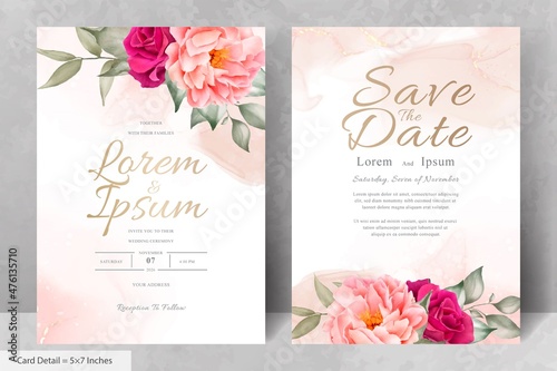 Elegant Watercolor Floral Wedding Invitation Set with Hand Drawn Peony and Leaves