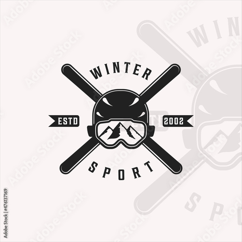 ski sport logo vintage vector logo illustration template icon graphic design. helmet ski goggles symbol or sign for winter sport shop or business with retro typography style