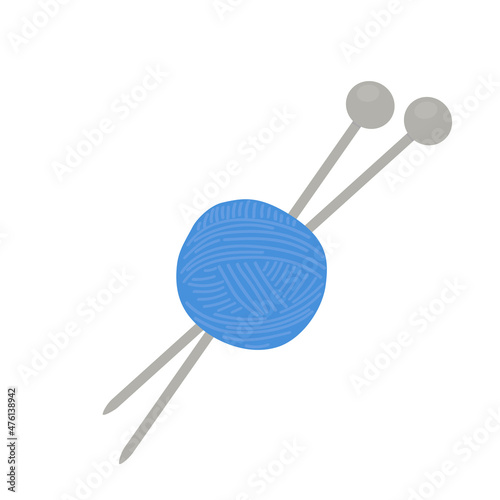 Ball of blue woolen threads with knitting needles on white background. Vector illustration.