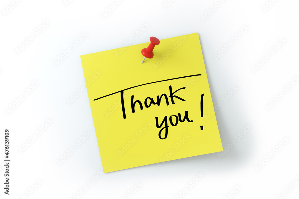 thank you written on yellow sticker note over white background thank you written on yellow sticker note over white background
