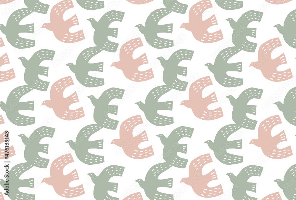 鳥 北欧 白背景 ピンク 緑 背景 壁紙 手書き 水彩 Stock Illustration Adobe Stock