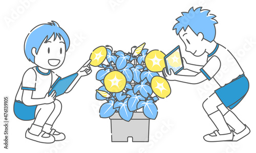 ICTを活用した理科の授業で、タブレットを使って朝顔の観察する子供