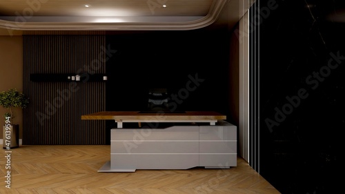 luxury office front desk or receptionist room with wooden design interior