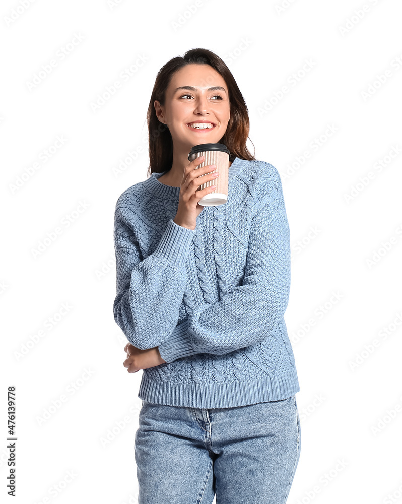 Beautiful woman with cup of coffee on white background Beautiful woman with cup of coffee on white background