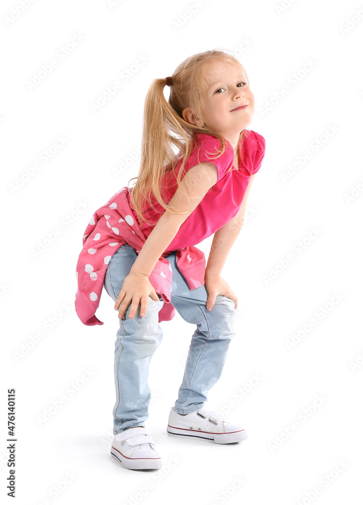 Cute little girl in pink t-shirt on white background Cute little girl in pink t-shirt on white background
