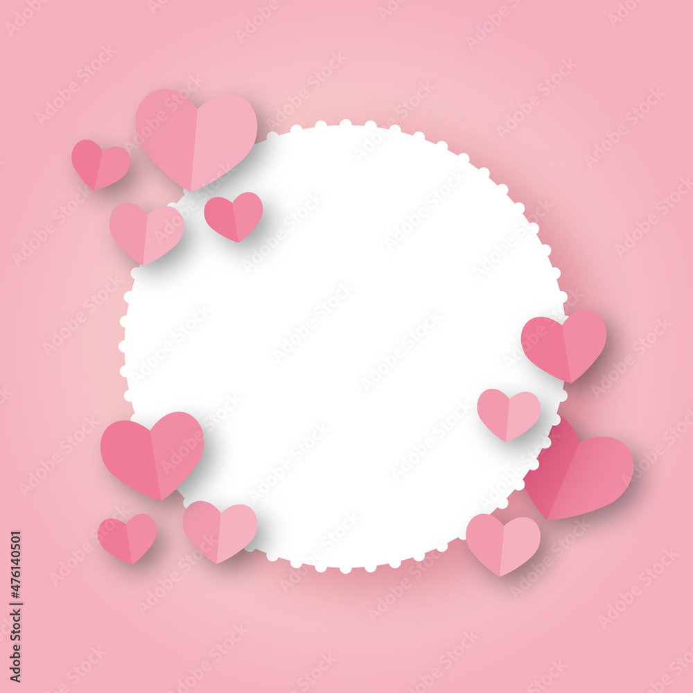 Pink hearts with blank circle on pastel pink background. Greeting design for Valentines or Wedding, Holiday illustration for greeting card, Love concept. space for text. paper cut design style.