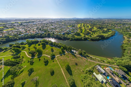 Aerial drone panoramic view, captured from Days Park, looking over the city of Hamilton, in the Waikato region of New Zealand