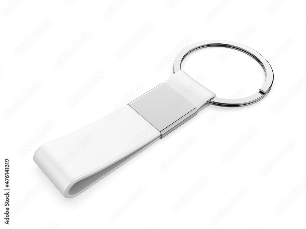 Blank keychain mock up on isolated white background for branding, 3d render illustration. - obrazy, fototapety, plakaty 