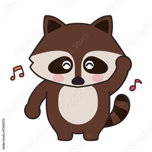 Raccoon dancing happily with musical notes. Vector illustration isolated on a white background.