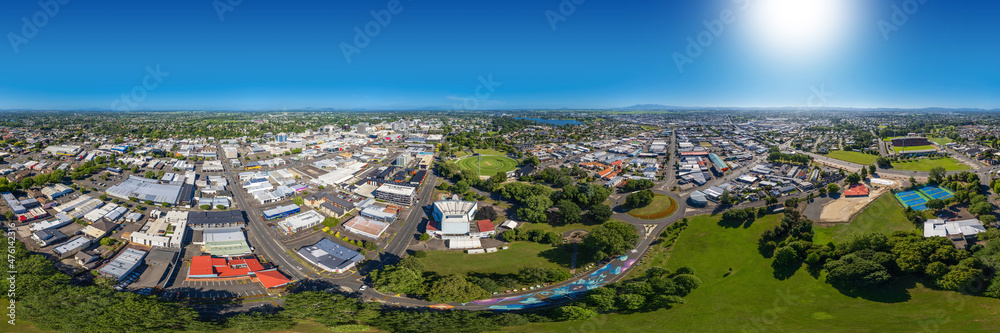 Seamless 360 degree aerial drone panoramic view over the city of Hamilton, captured over Hinemoa Park, in the Waikato region of New Zealand.