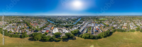 Seamless 360 degree aerial drone panoramic view over the city of Hamilton, captured above Steele Park, Hamilton East, in the Waikato region of New Zealand. photo