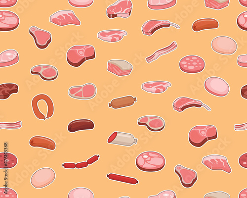 Vector flat seamless texture pattern Meat and sausage.