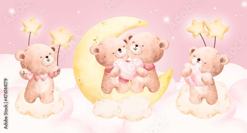 Watercolor cute couple bear set 