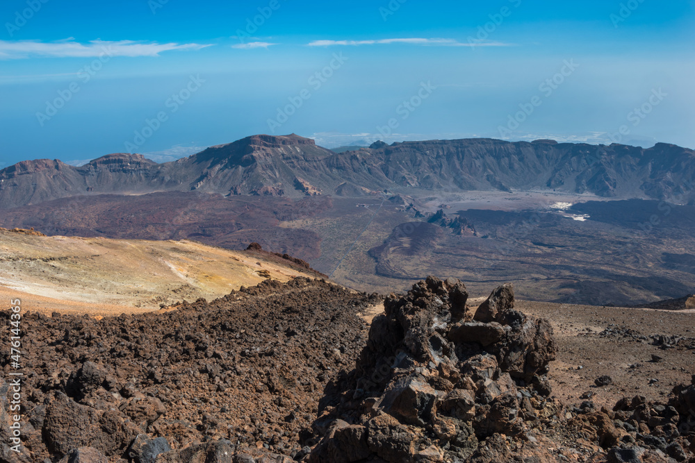 Panoramic view of Mount Teide largest crater from the peak of it's volcano - Santa Cruz de Tenerife, Canary Islands, Spain