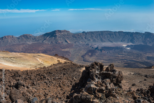 Panoramic view of Mount Teide largest crater from the peak of it's volcano - Santa Cruz de Tenerife, Canary Islands, Spain