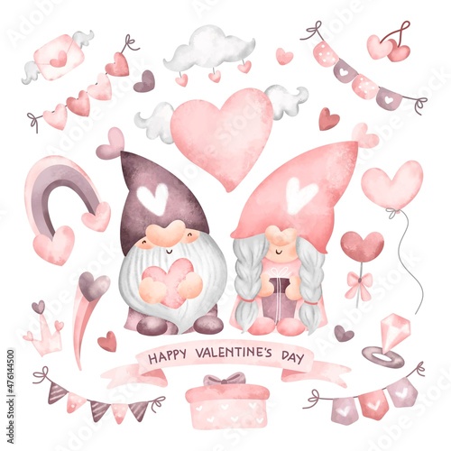 Watercolor set of cute couple gnome with love elements 