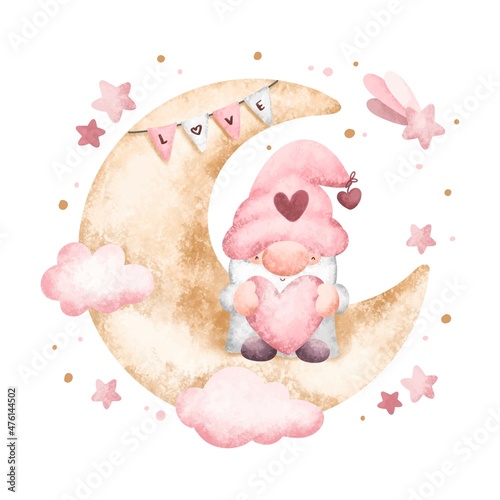 Watercolor valentine gnome on the moon 