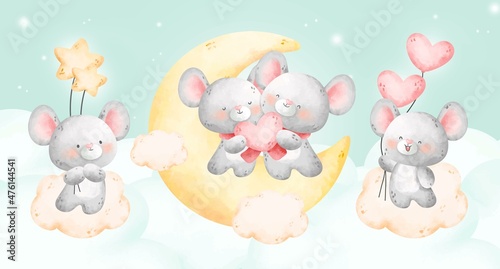 Watercolor cute couple mouse set 