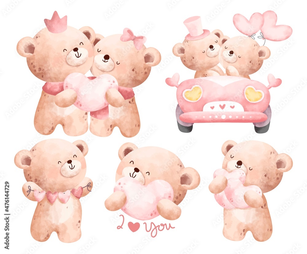 Watercolor cute teddy bear with love elements set Watercolor cute teddy bear with love elements set