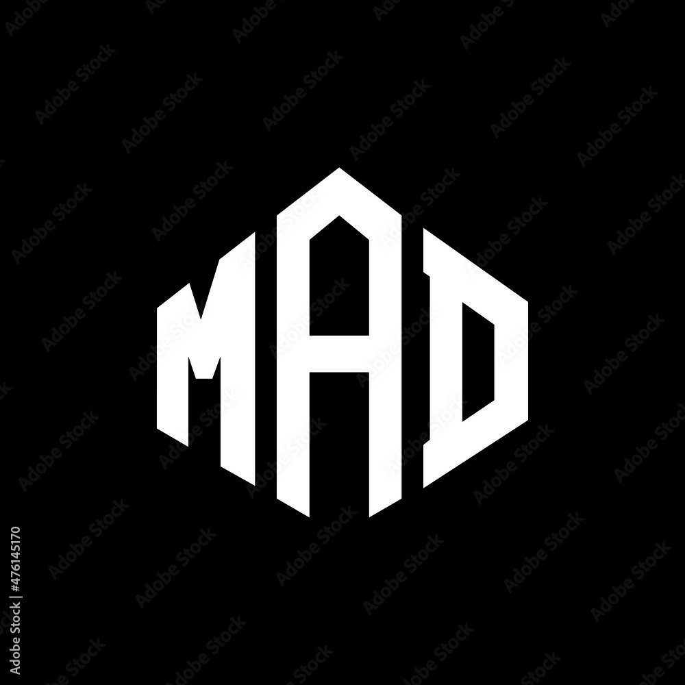 MAD letter logo design with polygon shape. MAD polygon and cube shape logo design. MAD hexagon vector logo template white and black colors. MAD monogram, business and real estate logo.