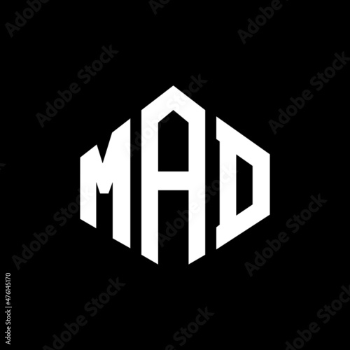 MAD letter logo design with polygon shape. MAD polygon and cube shape logo design. MAD hexagon vector logo template white and black colors. MAD monogram, business and real estate logo.