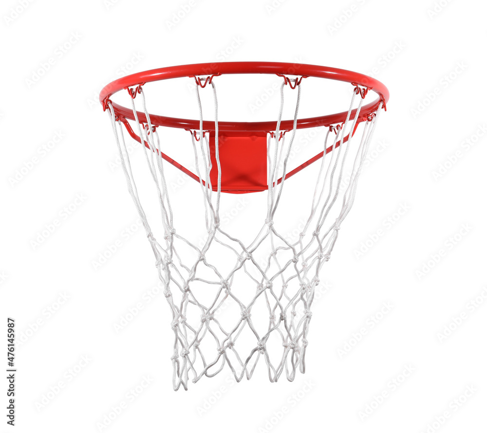 Modern red basketball hoop with net on white background