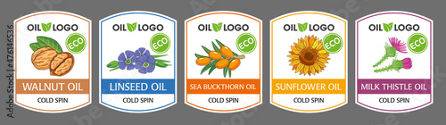 Organic oils labels set. Package design. Sea buckthorn, walnut, sunflower and linseed oil