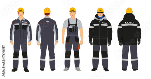 Workwear branding. Blanks for corporate identity. Workwear options. Black and gray colors. A man in a winter jacket and overalls