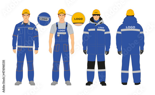 Workwear branding. Blanks for corporate identity. Workwear options. Blue and gray colors. Man in winter jacket and overalls