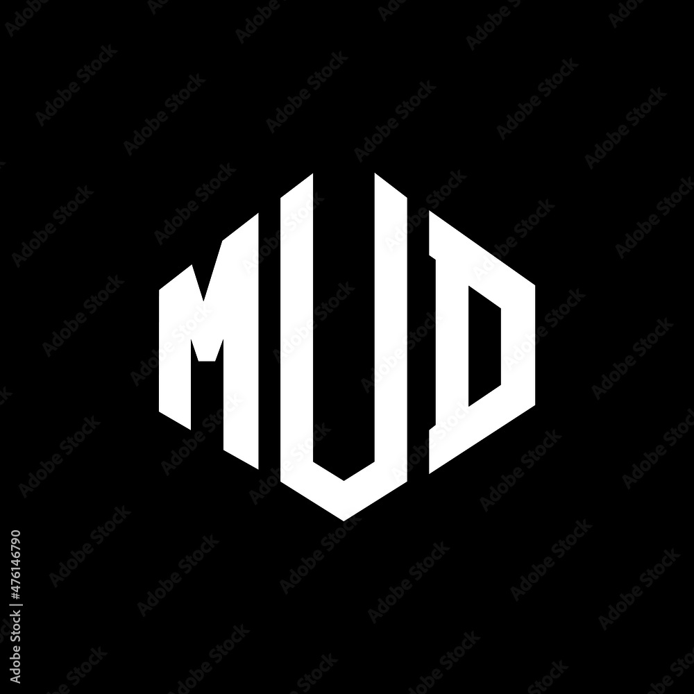 MUD letter logo design with polygon shape. MUD polygon and cube shape logo design. MUD hexagon vector logo template white and black colors. MUD monogram, business and real estate logo.