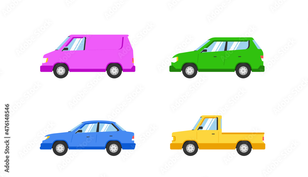 Cars collection. Vector illustration in flat style. transport concept. Isolated on white background. Set of of different models of cars;taxi, sedan, van, pickup