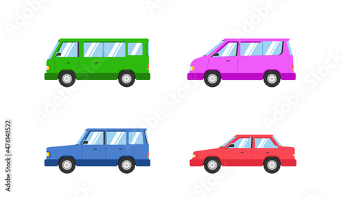 Cars collection. Vector illustration in flat style. transport concept. Isolated on white background. Set of of different models of cars;taxi, sedan, van, pickup