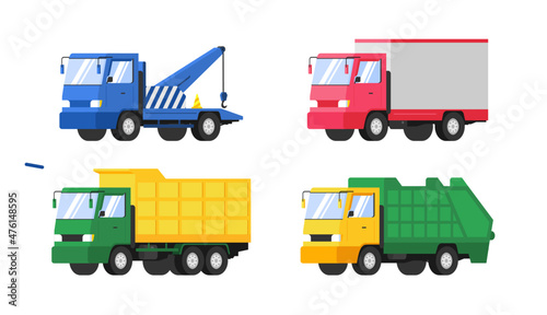 Set of  heavy duty trucks. Vector flat style illustration.