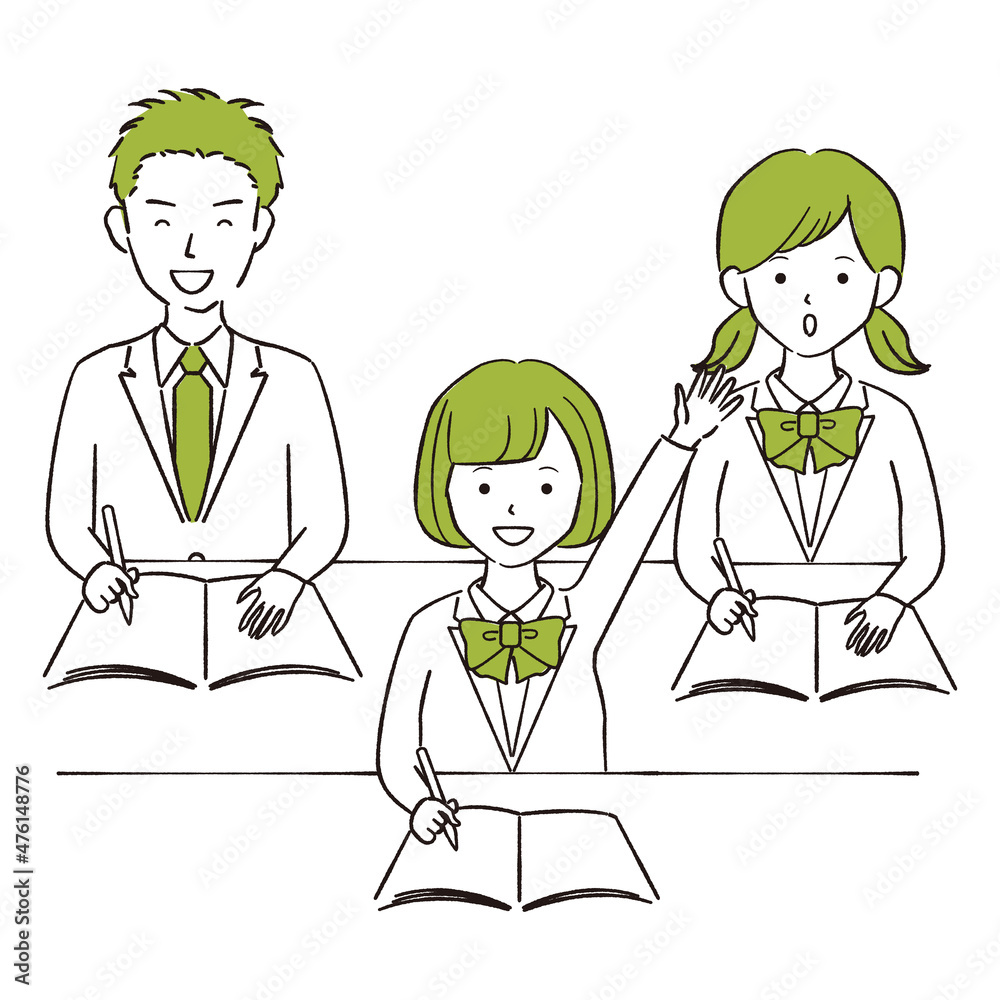 手描き1color　現役高校生中学生の男女　手を上げる
