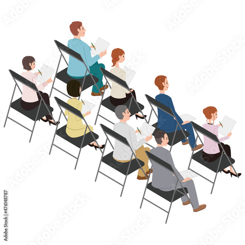 アイソメ　ビジネスセミナー　男性女性　大勢　席
