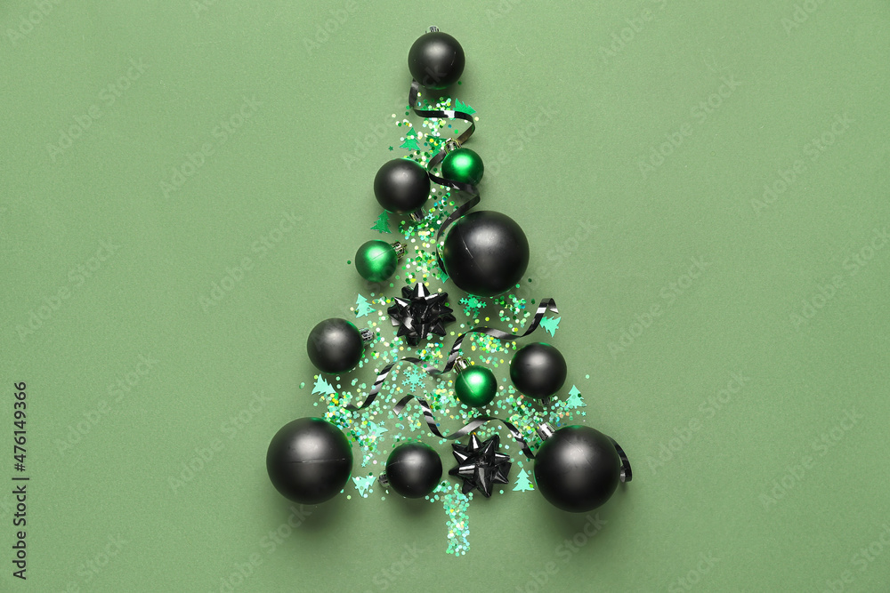 Beautiful Christmas tree made of decor on green background Beautiful Christmas tree made of decor on green background